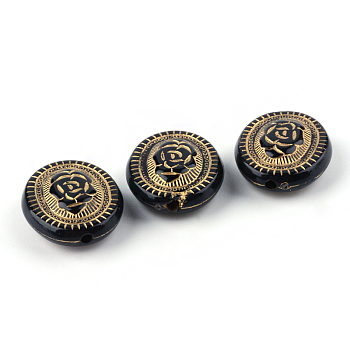 Flat Round with Flower Plating Acrylic Beads, Golden Metal Enlaced, Black, 22x18.5x8mm, Hole: 2mm, about 290pcs/500g
