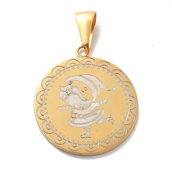 Christmas Ion Plating(IP) 304 Stainless Steel Pendants, Flat Round with Santa Claus Charm, Real 14K Gold Plated, 31x27x2mm, Hole: 8.5x3.5mm