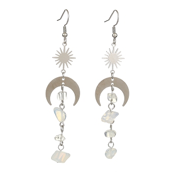 Opalite Chips Tassel Dangle Earrings, Brass Sun & 201 Stainless Steel Moon Long Drop Earrings, 80~85x20mm