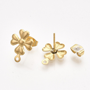 304 Stainless Steel Stud Earring Findings, with Loop and Ear Nuts/Earring Backs, Flower, Golden, 14.5x11mm, Hole: 1mm, Pin: 0.7mm