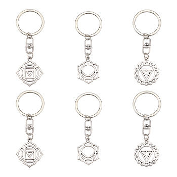 6Pcs 3 Style Chakra Alloy Symbol Pendant Keychains, for Car Bag Ornaments Pendant, Svadhisthana/Vishuddha/Muladhara, Mixed Shapes, 8.2~8.4cm, 2pcs/style