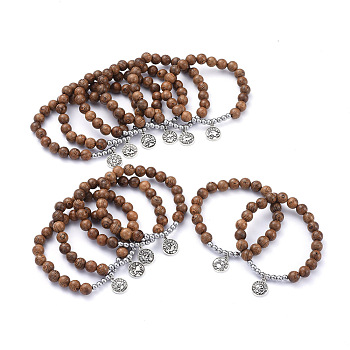 12 Constellation/Zodiac Sign Flat Round Tibetan Style Alloy Charm  Bracelets Sets, with Round Wood Beads and Non-magnetic Synthetic Hematite Beads, Antique Silver, Inner Diameter: 2-1/8 inch(5.5cm), 12pcs/set