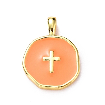 Brass Enamel Pendants, Light Gold, Flat Round with Cross, Dark Orange, 18x13.5x3.5mm, Hole: 2x3.5mm