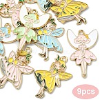 9Pcs 9 Styles Rack Plating Alloy Enamel Pendants, Golden, Angel Charm, Mixed Color, 30~30.5x19~20x1.5mm, Hole: 1.8mm, 1pc/style(FIND-YW0006-72B)