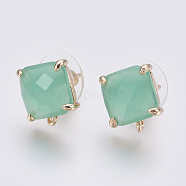 Faceted Glass Stud Earring Findings, with Loop, Light Gold Plated Brass Findings, Square, Medium Aquamarine, 11x10x5mm, Hole: 1mm, Pin: 0.8mm(X-GLAA-F084-C08)