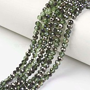 Electroplate Transparent Glass Beads Strands, Half Black Plated, Faceted, Rondelle, Olive Drab, 6x5mm, Hole: 1mm, about 85~88pcs/strand, 16.1~16.5 inch(41~42cm)(EGLA-A034-T6mm-P08)