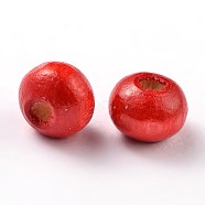 Dyed Natural Wood Beads, Round, Lead Free, Red, 6x4~5mm, Hole: 2mm, about 13600pcs/1000g(WOOD-Q006-6mm-01-LF)