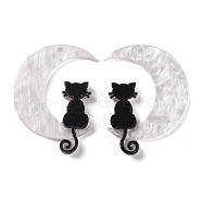 Halloween Printed Acrylic Pendants, Moon with Cat Charm, White, 35.5x26x2mm, Hole: 1.5mm(MACR-M021-01)
