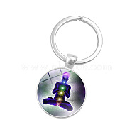 Seven Chakras Yoga Theme Glass Half Round/Dome Pendant Keychain, with Alloy Key Rings, for Car Bag Pendant Accessories, Colorful, 5.7cm(WG14972-08)