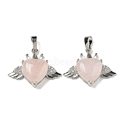 Natural Rose Quartz with Clear Cubic Zirconia Pendants, Heart & Wing Charms with Rack Plating Brass Findings, Platinum, Cadmium Free & Lead Free, 25x31.5x8.5~9mm, Hole: 7.9x5mm(G-G133-02P-26)