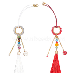 Faceted Glass Beaded Car Pendant Decorations, with Word Luck Alloy Enamel Charm, Polyester Tassel, Iron Cable Chains and 304 Stainless Steel Split Key Rings, Golden, 215mm, 2 colors, 1pc/color, 2pcs/set(HJEW-PH01580)
