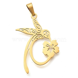 304 Stainless Steel Pendants, Bird with Flower Charm, Laser Cut, Ion Plating(IP), Real 18K Gold Plated, 33x22x1mm, Hole: 6x3mm(X-STAS-Z119-18G)