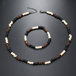 Bohemian Style Coconut Shell with Synthetic Turquoise Rondelle Beaded Necklaces & Bracelets Sets, Coconut Brown, 400~500mm(FS-WG8D889-01)