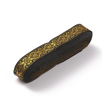 Ethnic style Embroidery Polyester Ribbons, Jacquard Ribbon, Garment Accessories, Floral Pattern, Gold, Black, 3/4 inch(20mm), about 7.66 Yards(7m)/Roll
