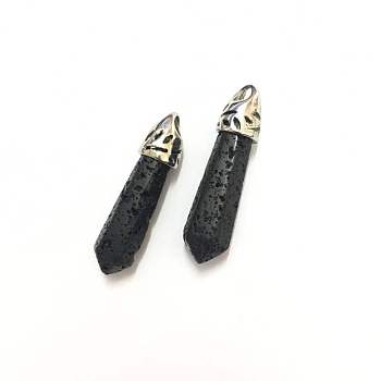 Bullet Lava Rock Pointed Pendants, with Platinum Tone Alloy Findings, 33~40x8~10mm, Hole: 3x2mm