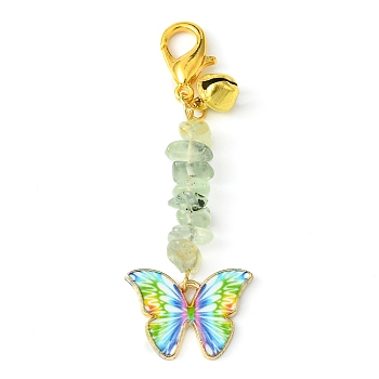Alloy Enamel Butterfly Pendant Decoration, Natural Prehnite Chips and Lobster Claw Clasps Charms, 64mm