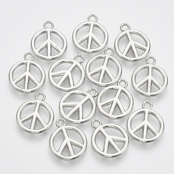 Plating ABS Plastic Pendants, Peace Sign, Ring, Platinum, 19.5x16x3mm, Hole: 2mm