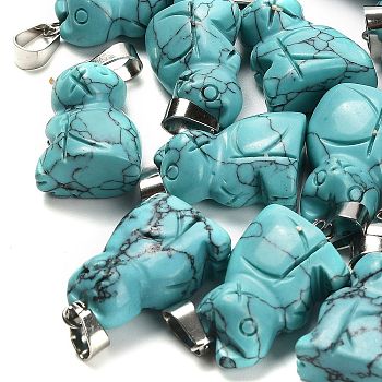 Synthetic Turquoise Pendants, with 201 Stainless Steel Finding, Cat, 24~25x15~16x9~10mm, Hole: 4.5x7mm