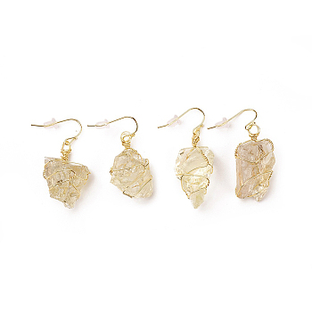 Natural Lemon Quartz Dangle Earrings, with Brass Findings and Plastic Ear Nuts, Nuggets, Golden, 22~50x10~23mm, Pin: 0.7mm