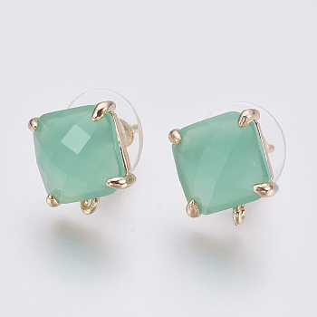 Faceted Glass Stud Earring Findings, with Loop, Light Gold Plated Brass Findings, Square, Medium Aquamarine, 11x10x5mm, Hole: 1mm, Pin: 0.8mm