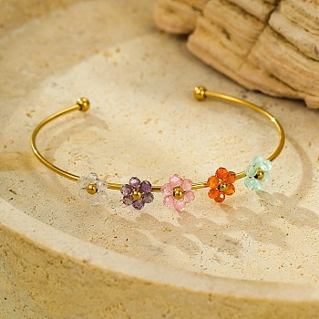 304 Stainless Steel Open Cuff Bracelets, Torque Bangles for Women, Flower, with Rose Quartz, Real 18K Gold Plated, 0.15cm