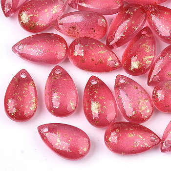 Transparent Spray Painted Glass Charms, with Glitter Powder, Frosted, Teardrop, Red, 14.5x8.5x5.5mm, Hole: 1mm