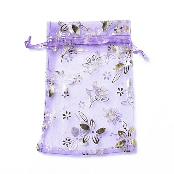 Organza Drawstring Jewelry Pouches, Wedding Party Gift Bags, Rectangle with Gold Stamping Flower Pattern, Medium Purple, 15x10x0.11cm