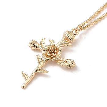 304 Stainless Steel Cross with Flower Pendant Necklaces for Women, Golden, 17.32 inch(44cm)