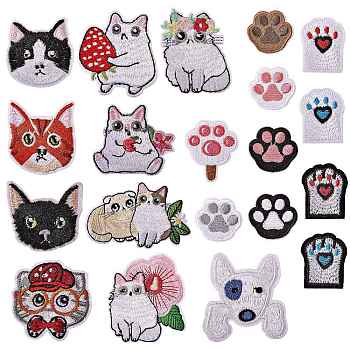 20Pcs 20 Style Computerized Embroidery Cloth Iron on/Sew on Patches, Costume Accessories, Dog Paw Print & Cat & Dog, Mixed Color, 1pc/style