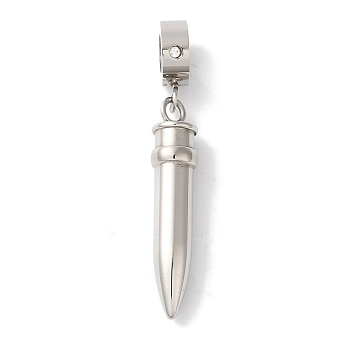 Non-Tarnish 304 Stainless Steel European Dangle Charms, Bullet Shaped Large Hole Pendants, Stainless Steel Color, 39.5mm, Hole: 5mm, Pendant: 29x6x6mm