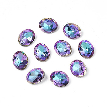 Pointed Back Glass Rhinestone Cabochons, Nail Art Decoration Accessories, AB Color Plated, Faceted, Oval, Orchid, 10x8x4.5mm, about 720pcs/bag