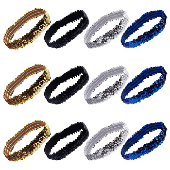 12Pcs 4 Colors Yarn & Rubber Elastic Headbands, with Plastic Paillette/Sequins, Hair Accessories, Mixed Color, 170~210x29mm, 3pcs/color