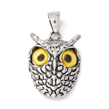 Retro Punk Alloy Pendants, with Glass, Owl with Evil Eye, Yellow, 26x18.5x6mm, Hole: 7.5x4mm