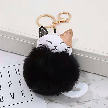 Faux Fur White Cat Pendant Keychain, Cute Kitten Golden Tone Alloy Key Ring Ornament, Black, 11cm