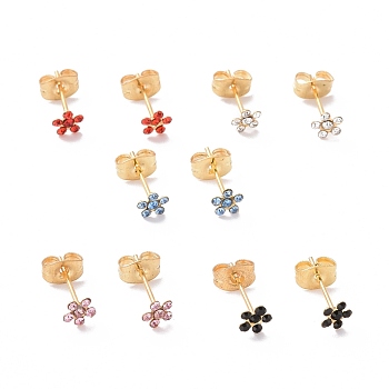 Rhinestone Flower Stud Earrings with 316L Surgical Stainless Steel Pins, Gold Plated 304 Stainless Steel Jewelry for Women, Mixed Color, 5x5mm, Pin: 0.7mm