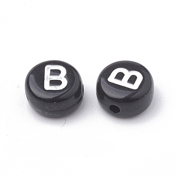 Opaque Acrylic Beads, Horizontal Hole, Alphabet Style, Flat Round, Letter.B, 7x4mm, Hole: 1.5mm, about 3700pcs/500g