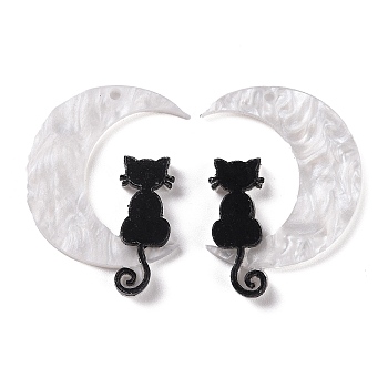 Halloween Printed Acrylic Pendants, Moon with Cat Charm, White, 35.5x26x2mm, Hole: 1.5mm