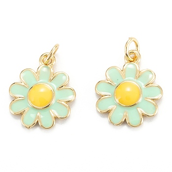 Brass Enamel Pendants, Real 18K Gold Plated, Long-Lasting Plated, Flower, Pale Green, 15x13x2mm, Hole: 3.4mm
