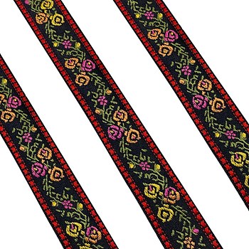 50 Yards Ethnic Style Embroidered Nylon Flower Jacquard Ribbon, for Bowknot Hairpin Headwear Clothing Accessories, Red, 1 inch(25mm)