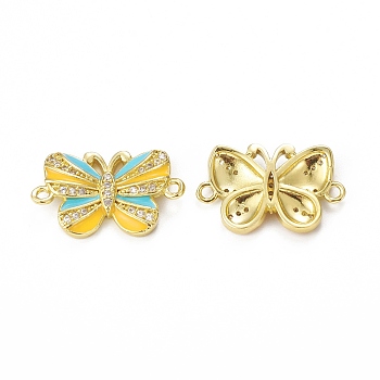 Brass Micro Pave Cubic Zirconia Connector Charms, Enamel Style, Butterfly, Golden, Yellow, 13.5x22.5x3mm, Hole: 1.5mm