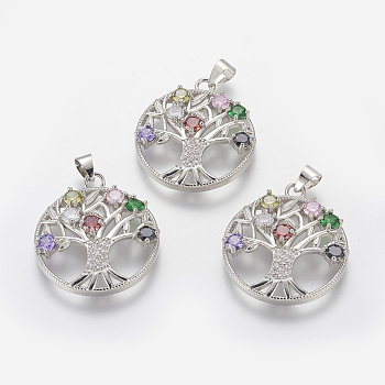 Brass Micro Pave Cubic Zirconia Pendants, Flat Round with Tree of Life, Platinum, Colorful, 31x27x5mm, Hole: 4x5mm