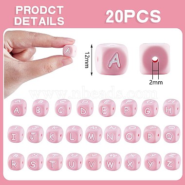 20 piezas de cuentas de silicona con letras de cubo rosa 12x12x12 cuentas de alfabeto de dados cuadrados de mm con cuentas de letras sueltas con espaciador de agujeros de 2 mm para hacer pulseras(JX435W)-2