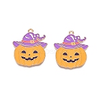 Halloween Theme Alloy Enamel Pendants, Cadmium Free & Lead Free, Light Gold, Pumpkin with Witch Hat Charm, Orange, 33x28.5x1mm, Hole: 1.8mm(PALLOY-N176-30-RS)