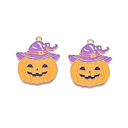 Halloween Theme Alloy Enamel Pendants, Cadmium Free & Lead Free, Light Gold, Pumpkin with Witch Hat Charm, Orange, 33x38.5x1mm, Hole: 1.8mm(PALLOY-N176-30-RS)