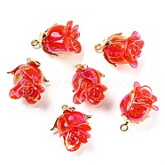 Opaque Resin Pendants, AB Color, Flower Charms with Golden Tone Alloy Leaf, Red, 18.5x10x10mm, Hole: 1.4mm(RESI-K031-05B-G)