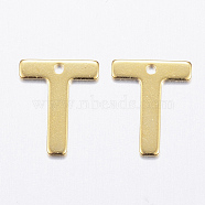 304 Stainless Steel Charms, Letter.T, Real 18K Gold Plated, 11x9x0.8mm, Hole: 1mm(X-STAS-P141-T)