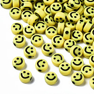 Opaque Craft Acrylic Beads, Flat Round with Smiling Face, Yellow, 7x3.5mm, Hole: 1.5mm(X-MACR-S369-003B-02-01)