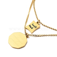 Flat Round & Rectangle Pendants Double Layer Necklace, Ion Plating(IP) 304 Stainless Steel Word Good Luck Necklace for Women, Golden, 15.16 inch(38.5cm)(NJEW-G085-01G)