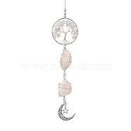 Tree of Life Natural Rose Quartz Pendant Decorations, with Tibetan Style Alloy Pendants and 304 Stainless Steel Cable Chains, 310mm, Pendants: 210x51x26mm(HJEW-JM01855-01)