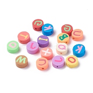 Handmade Polymer Clay Beads, Flat Round with Random Mixed Letters, Mixed Color, 10x5mm, Hole: 1.4mm(CLAY-I010-12)